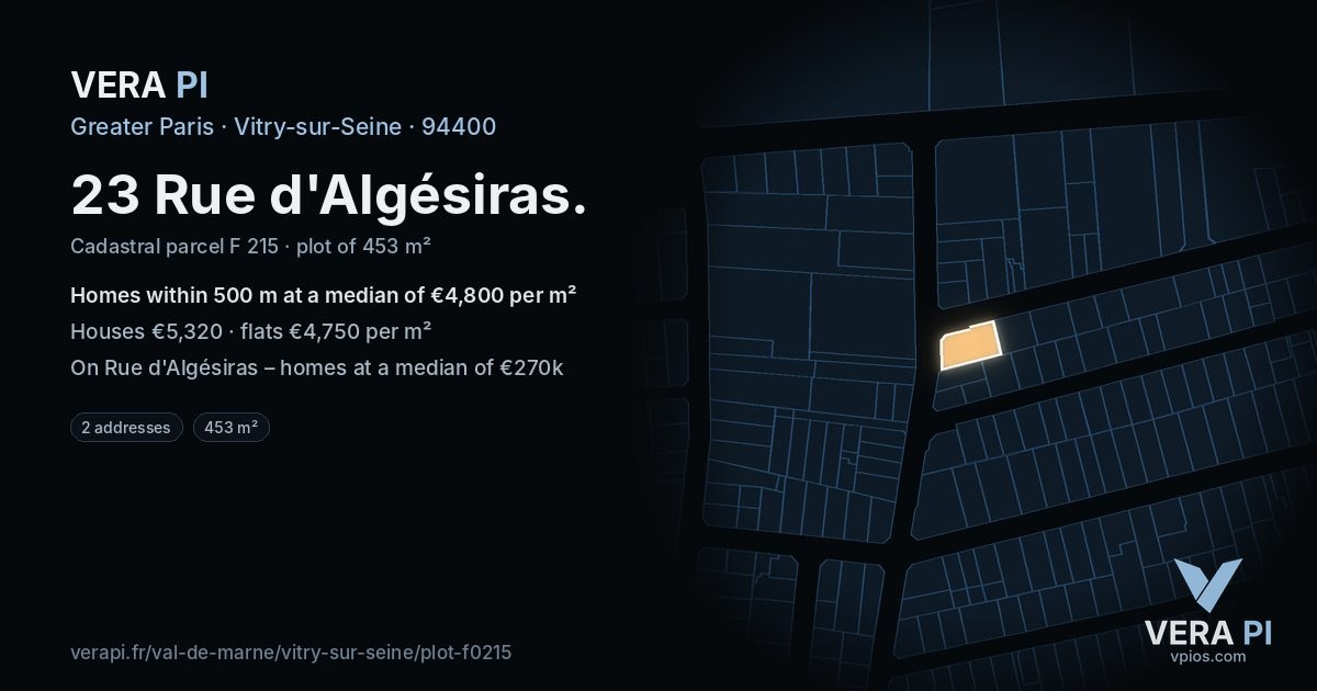 23 Rue d'Algésiras, Vitry-sur-Seine at night – the plot lit, the parcels around coloured by the prices near them