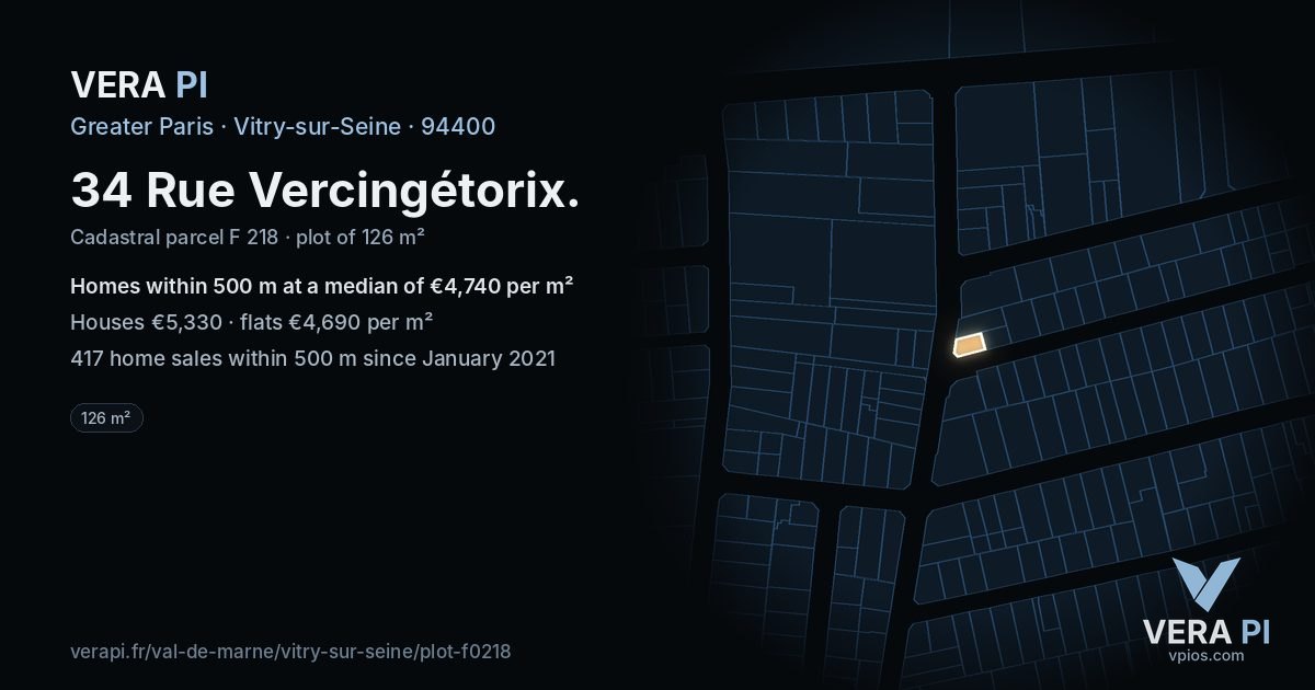 34 Rue Vercingétorix, Vitry-sur-Seine at night – the plot lit, the parcels around coloured by the prices near them