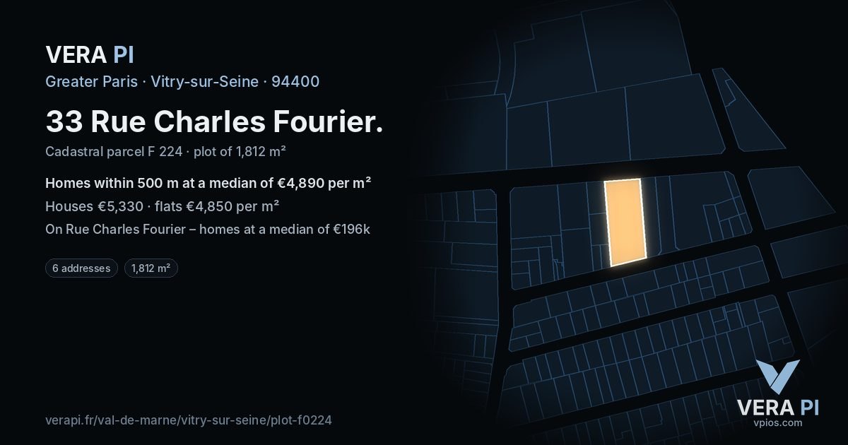 33 Rue Charles Fourier, Vitry-sur-Seine at night – the plot lit, the parcels around coloured by the prices near them