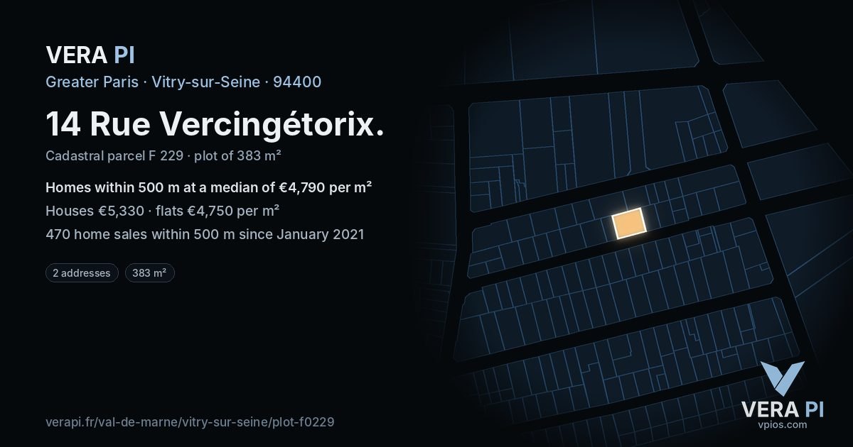 14 Rue Vercingétorix, Vitry-sur-Seine at night – the plot lit, the parcels around coloured by the prices near them