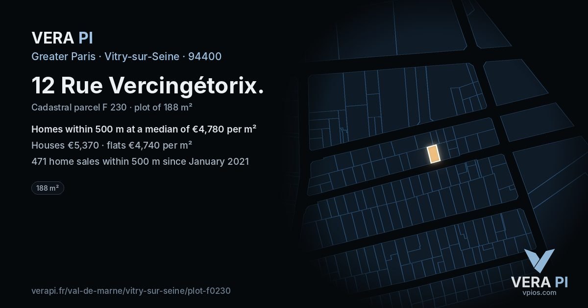 12 Rue Vercingétorix, Vitry-sur-Seine at night – the plot lit, the parcels around coloured by the prices near them
