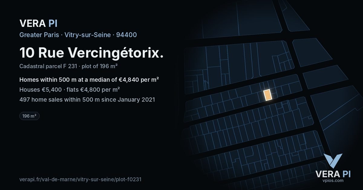 10 Rue Vercingétorix, Vitry-sur-Seine at night – the plot lit, the parcels around coloured by the prices near them