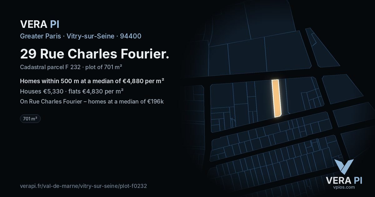 29 Rue Charles Fourier, Vitry-sur-Seine at night – the plot lit, the parcels around coloured by the prices near them