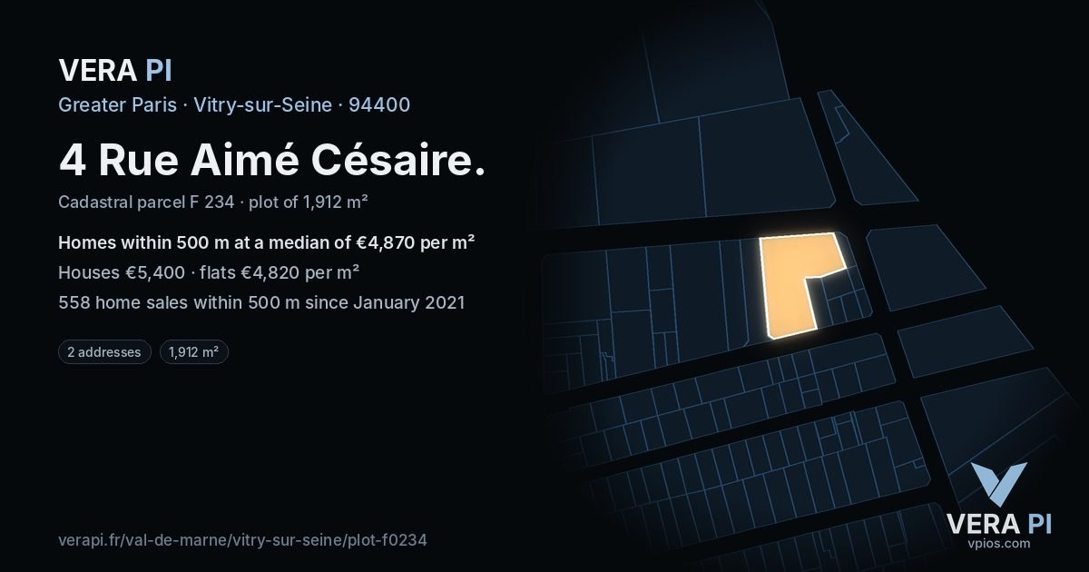 4 Rue Aimé Césaire, Vitry-sur-Seine at night – the plot lit, the parcels around coloured by the prices near them