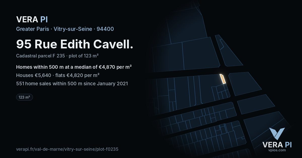 95 Rue Edith Cavell, Vitry-sur-Seine at night – the plot lit, the parcels around coloured by the prices near them