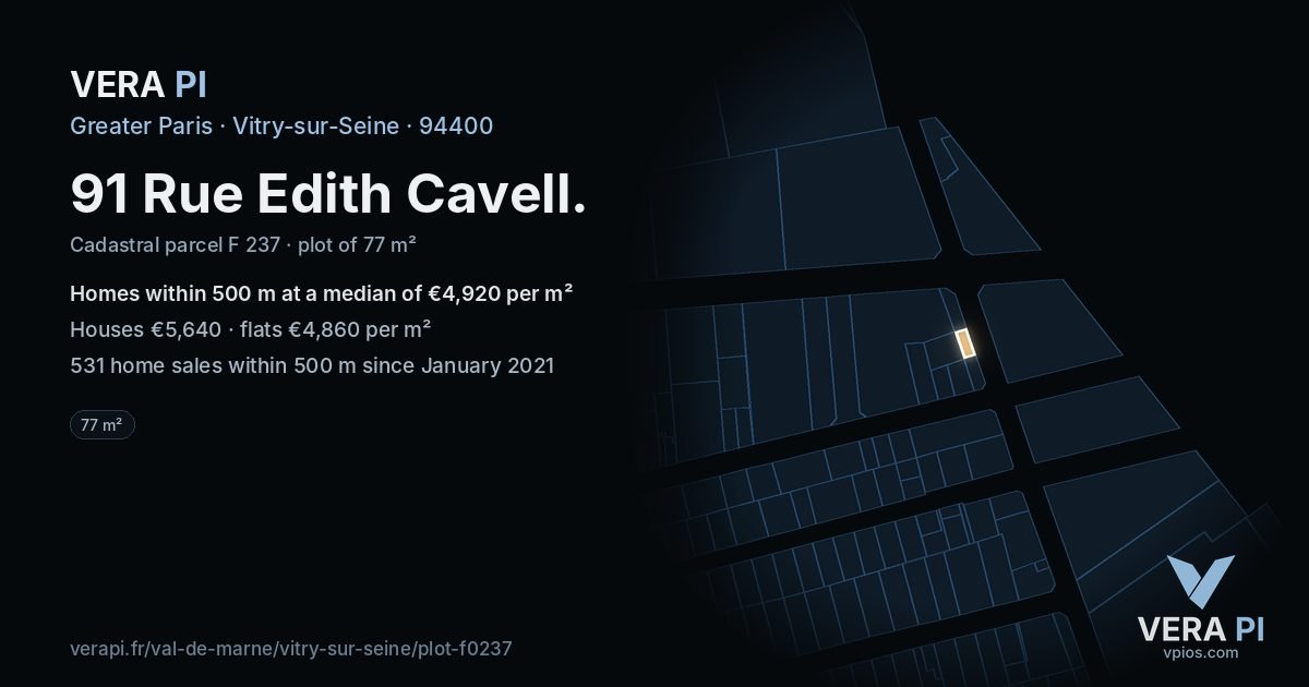 91 Rue Edith Cavell, Vitry-sur-Seine at night – the plot lit, the parcels around coloured by the prices near them