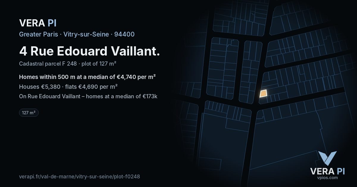 4 Rue Edouard Vaillant, Vitry-sur-Seine at night – the plot lit, the parcels around coloured by the prices near them