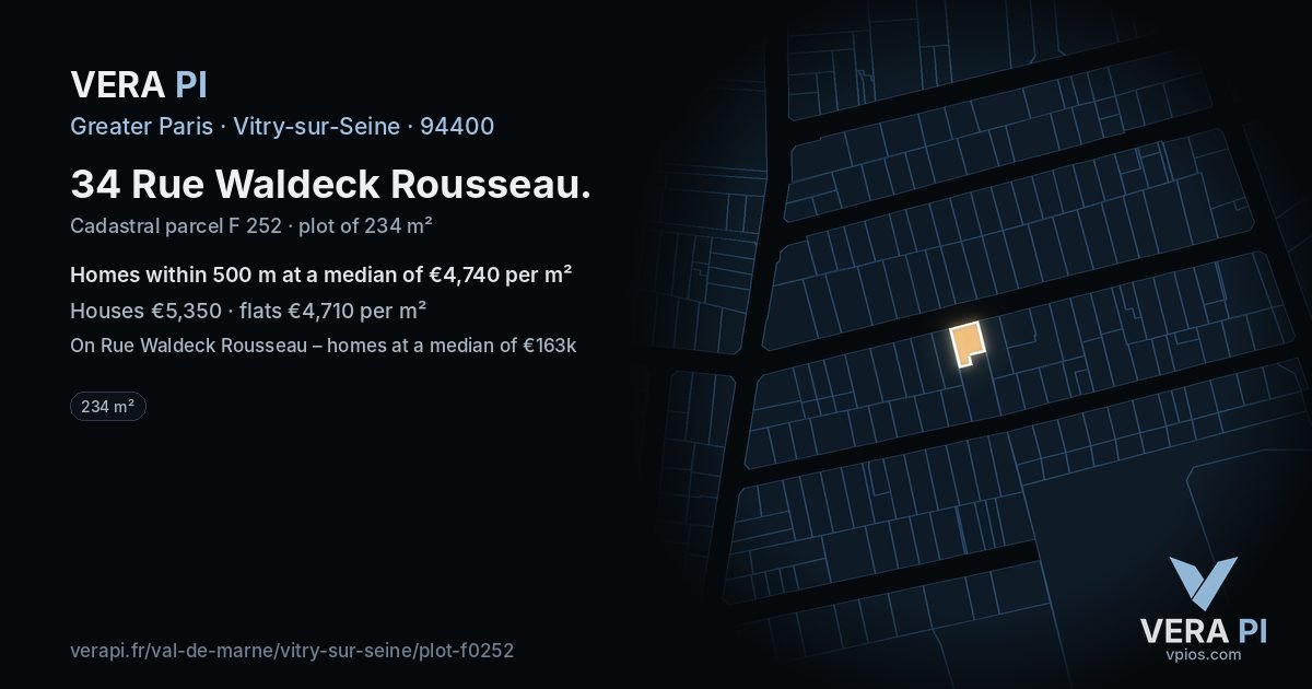 34 Rue Waldeck Rousseau, Vitry-sur-Seine at night – the plot lit, the parcels around coloured by the prices near them