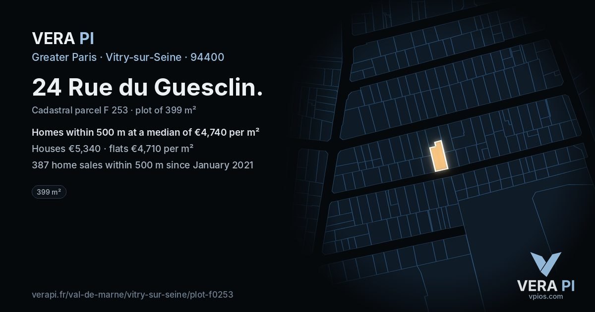 24 Rue du Guesclin, Vitry-sur-Seine at night – the plot lit, the parcels around coloured by the prices near them