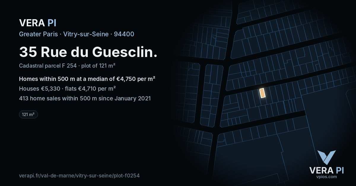 35 Rue du Guesclin, Vitry-sur-Seine at night – the plot lit, the parcels around coloured by the prices near them