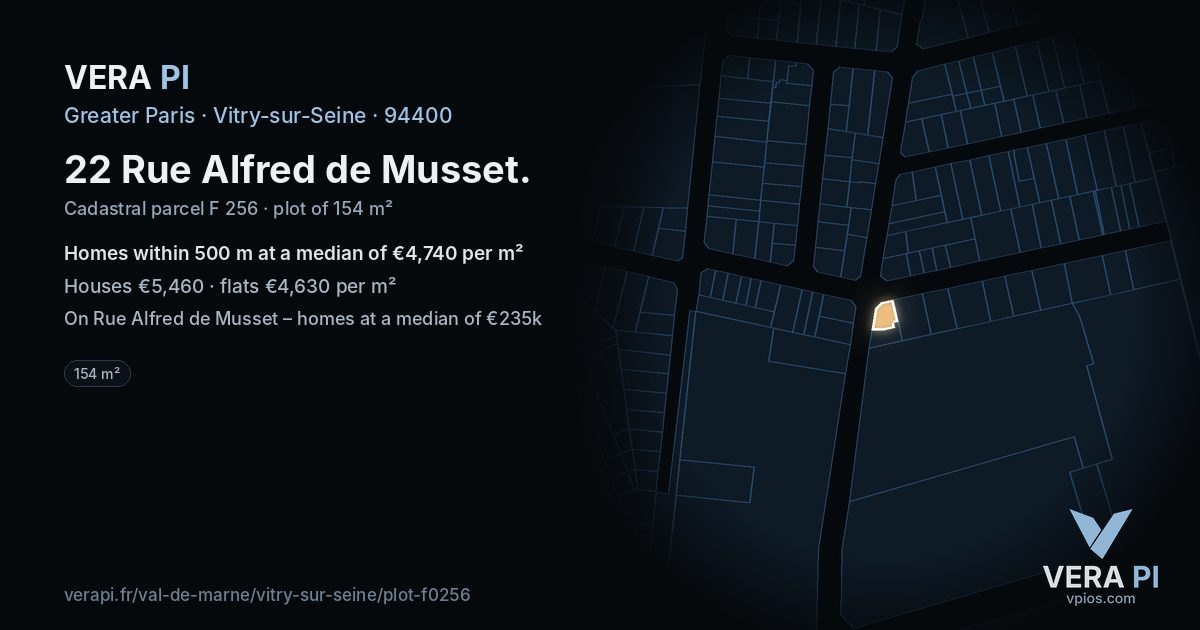 22 Rue Alfred de Musset, Vitry-sur-Seine at night – the plot lit, the parcels around coloured by the prices near them