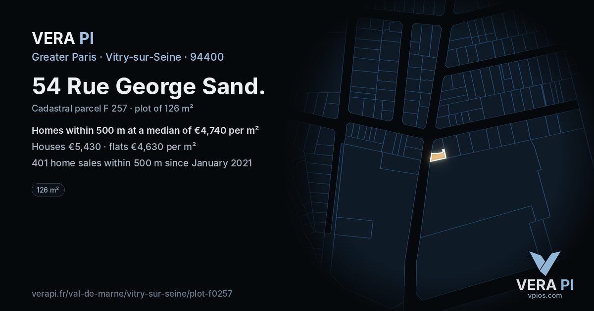 54 Rue George Sand, Vitry-sur-Seine at night – the plot lit, the parcels around coloured by the prices near them