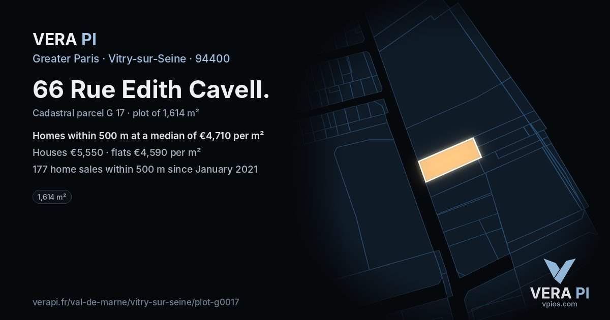 66 Rue Edith Cavell, Vitry-sur-Seine at night – the plot lit, the parcels around coloured by the prices near them