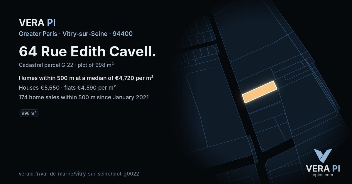 64 Rue Edith Cavell, Vitry-sur-Seine at night – the plot lit, the parcels around coloured by the prices near them