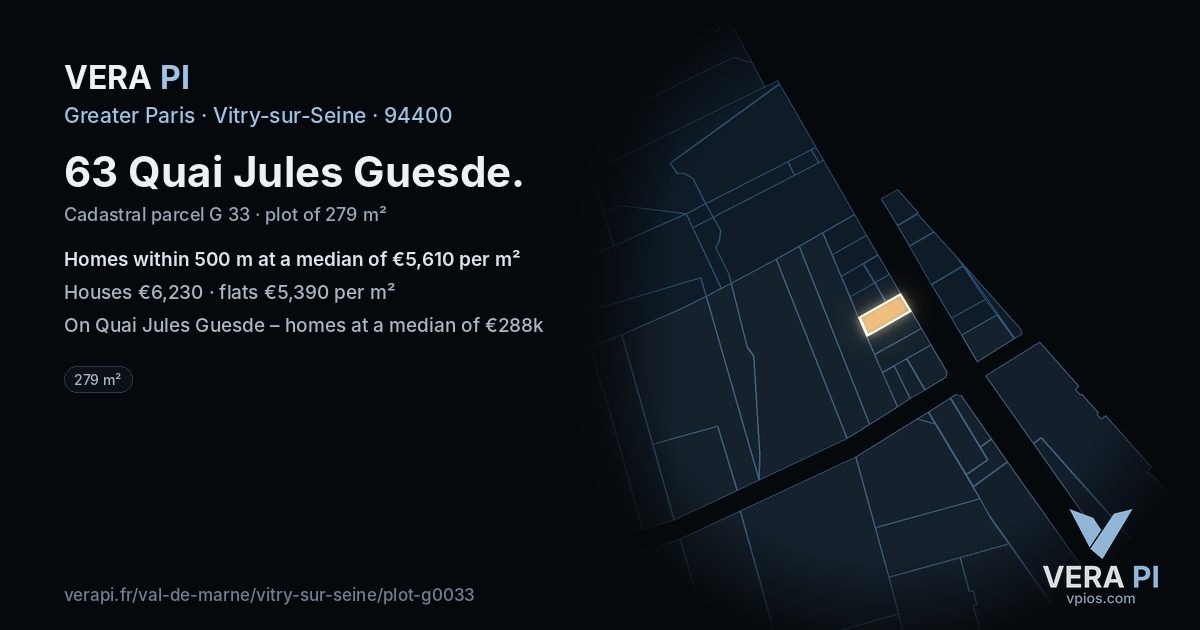 63 Quai Jules Guesde, Vitry-sur-Seine at night – the plot lit, the parcels around coloured by the prices near them
