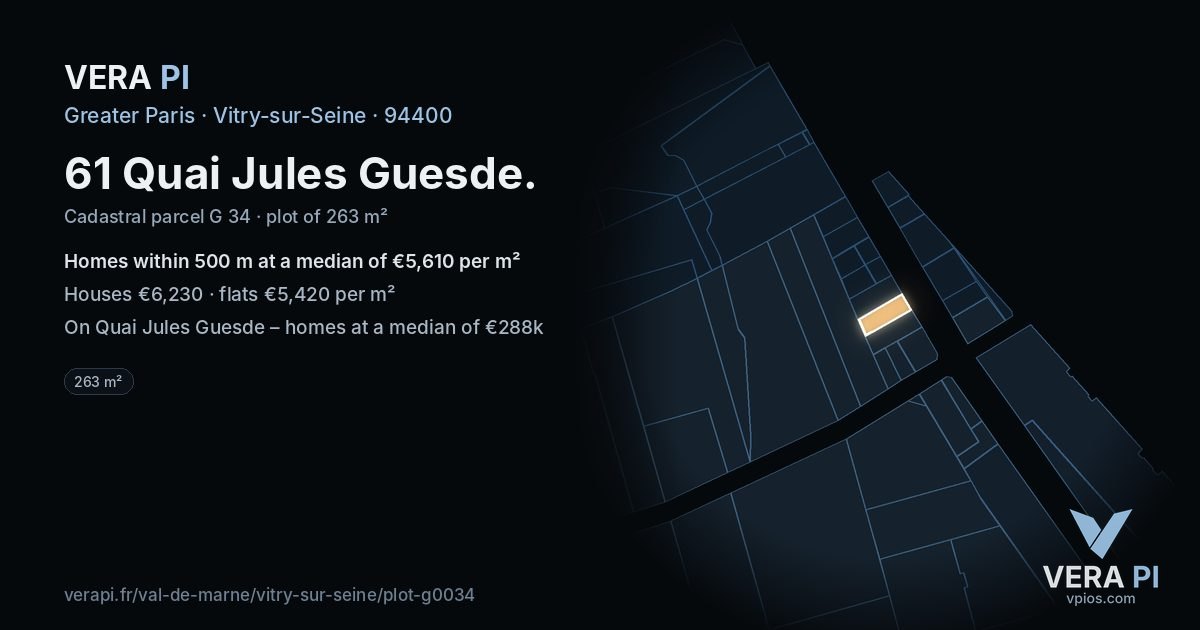 61 Quai Jules Guesde, Vitry-sur-Seine at night – the plot lit, the parcels around coloured by the prices near them