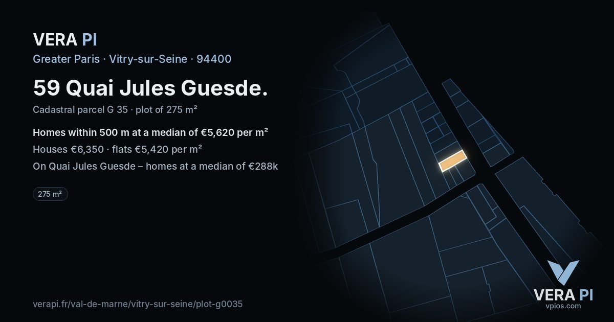59 Quai Jules Guesde, Vitry-sur-Seine at night – the plot lit, the parcels around coloured by the prices near them