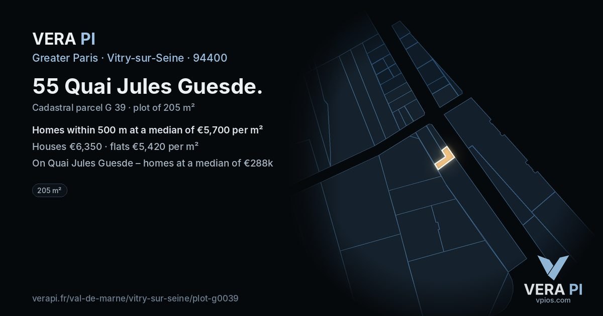55 Quai Jules Guesde, Vitry-sur-Seine at night – the plot lit, the parcels around coloured by the prices near them