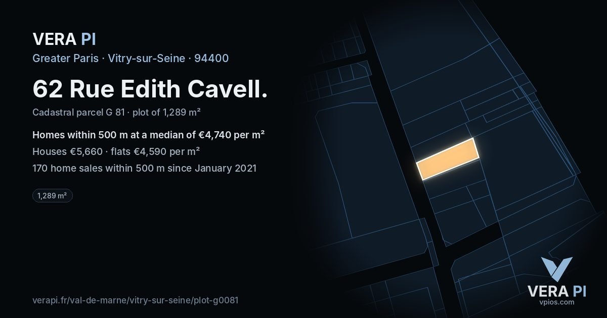 62 Rue Edith Cavell, Vitry-sur-Seine at night – the plot lit, the parcels around coloured by the prices near them