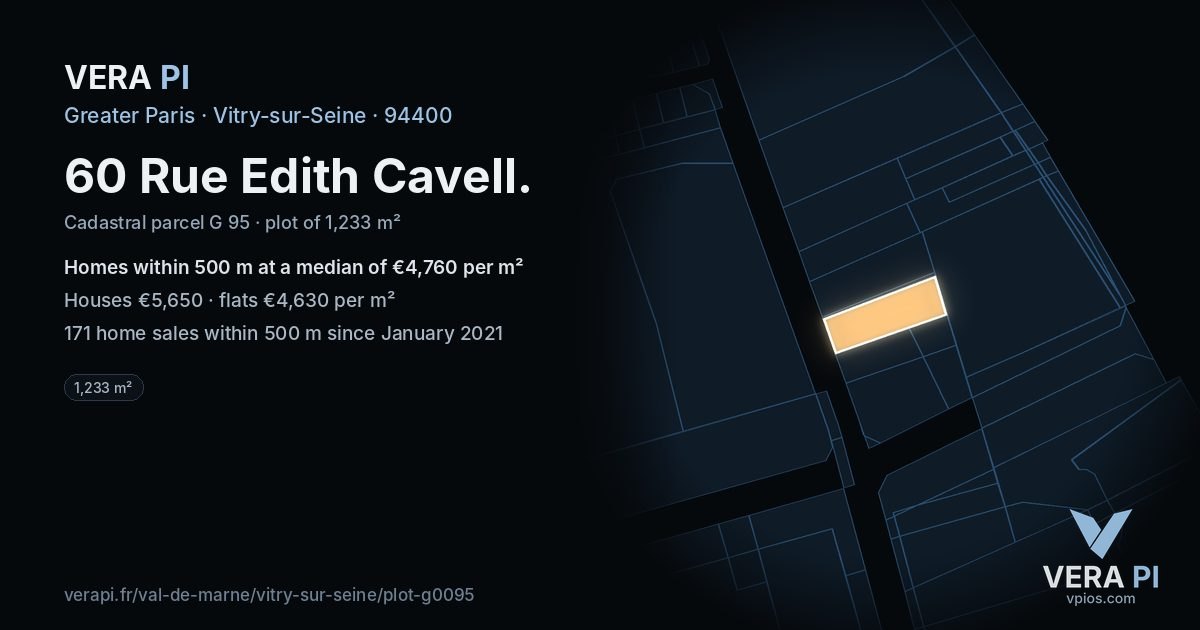 60 Rue Edith Cavell, Vitry-sur-Seine at night – the plot lit, the parcels around coloured by the prices near them