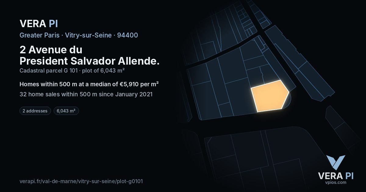 2 Avenue du President Salvador Allende, Vitry-sur-Seine at night – the plot lit, the parcels around coloured by the prices near them