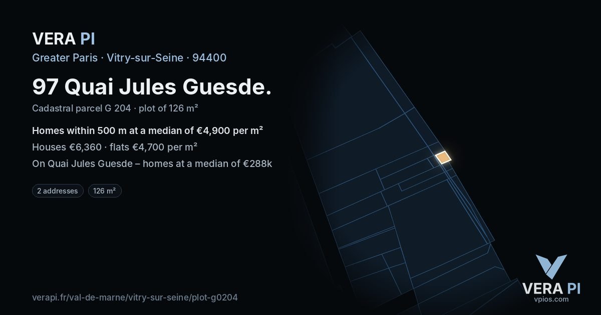 97 Quai Jules Guesde, Vitry-sur-Seine at night – the plot lit, the parcels around coloured by the prices near them