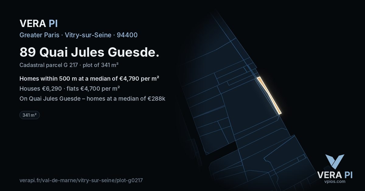 89 Quai Jules Guesde, Vitry-sur-Seine at night – the plot lit, the parcels around coloured by the prices near them