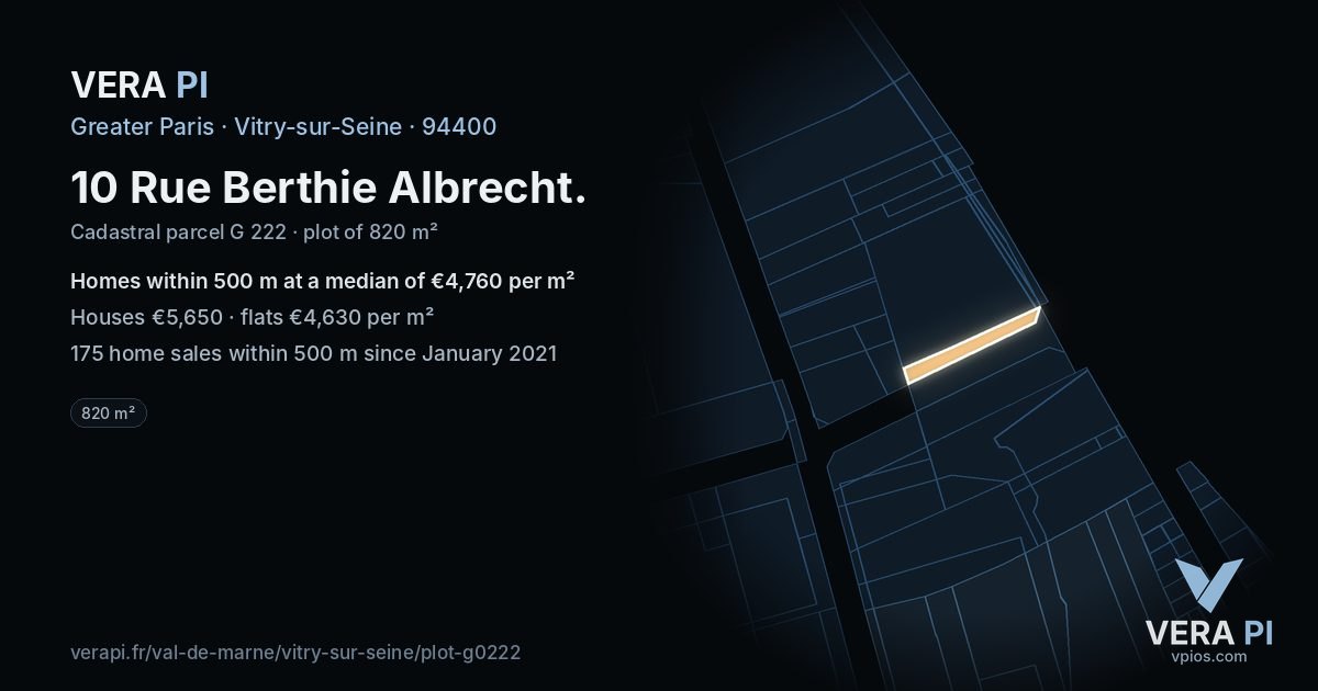 10 Rue Berthie Albrecht, Vitry-sur-Seine at night – the plot lit, the parcels around coloured by the prices near them