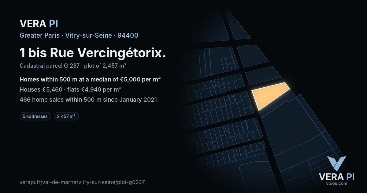 1 bis Rue Vercingétorix, Vitry-sur-Seine at night – the plot lit, the parcels around coloured by the prices near them