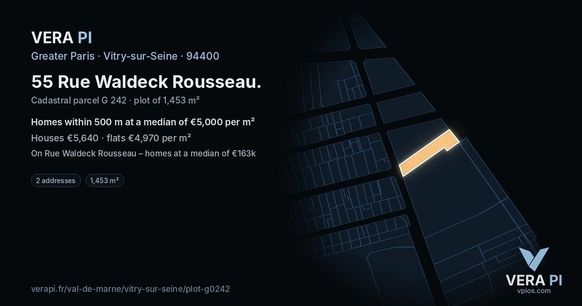 55 Rue Waldeck Rousseau, Vitry-sur-Seine at night – the plot lit, the parcels around coloured by the prices near them