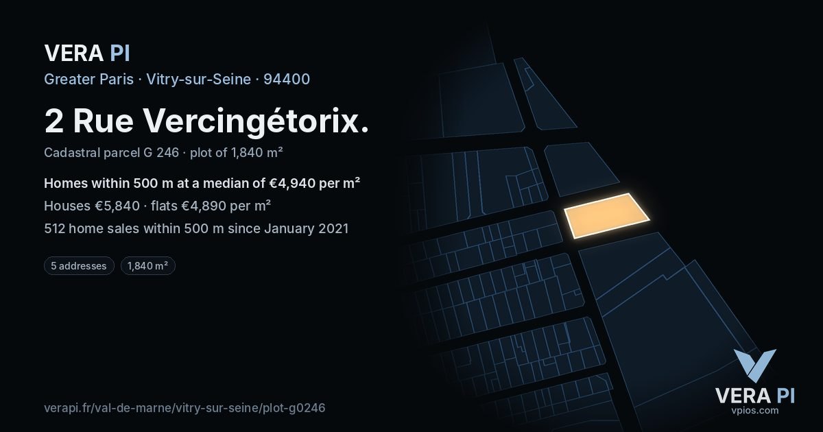 2 Rue Vercingétorix, Vitry-sur-Seine at night – the plot lit, the parcels around coloured by the prices near them