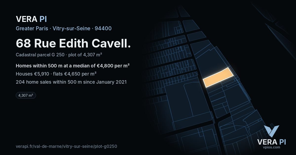 68 Rue Edith Cavell, Vitry-sur-Seine at night – the plot lit, the parcels around coloured by the prices near them