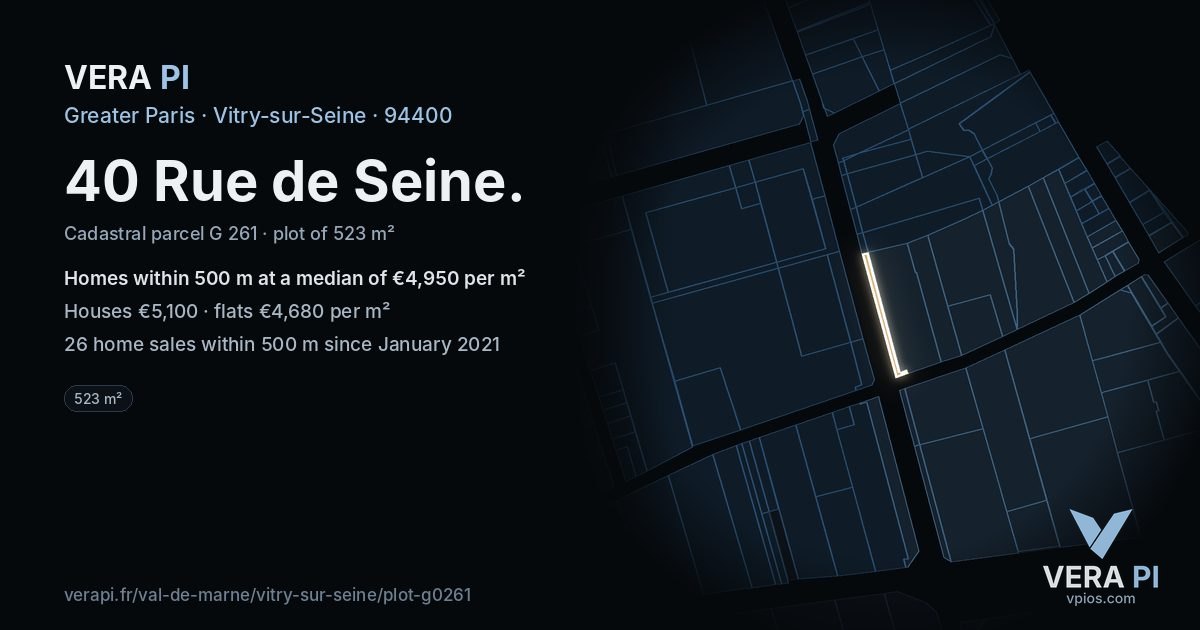 40 Rue de Seine, Vitry-sur-Seine at night – the plot lit, the parcels around coloured by the prices near them
