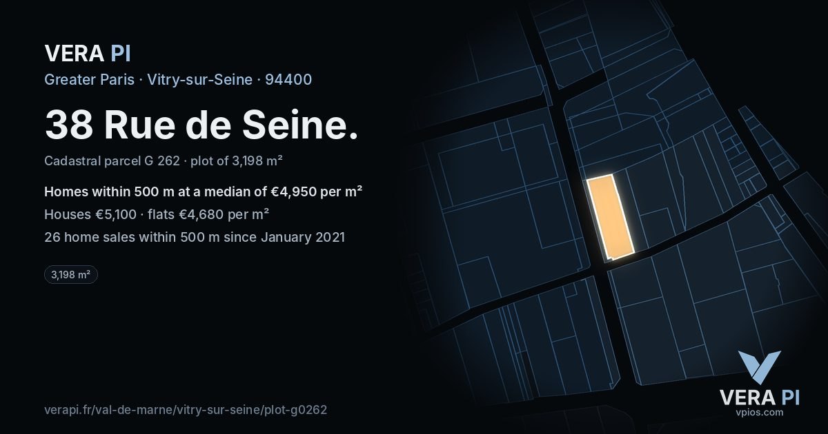 38 Rue de Seine, Vitry-sur-Seine at night – the plot lit, the parcels around coloured by the prices near them