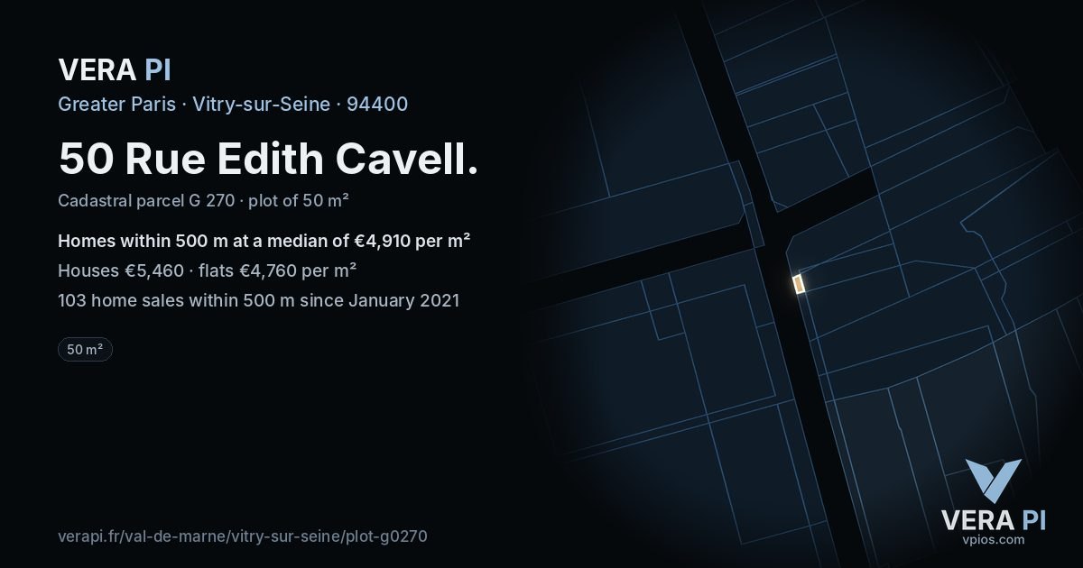 50 Rue Edith Cavell, Vitry-sur-Seine at night – the plot lit, the parcels around coloured by the prices near them