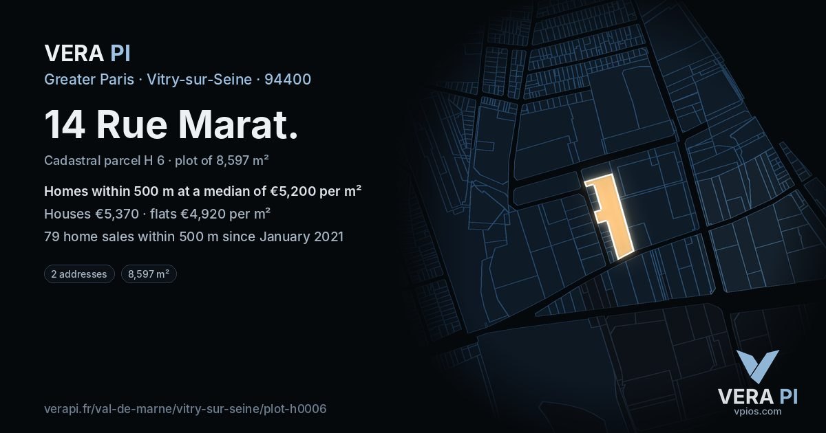 14 Rue Marat, Vitry-sur-Seine at night – the plot lit, the parcels around coloured by the prices near them