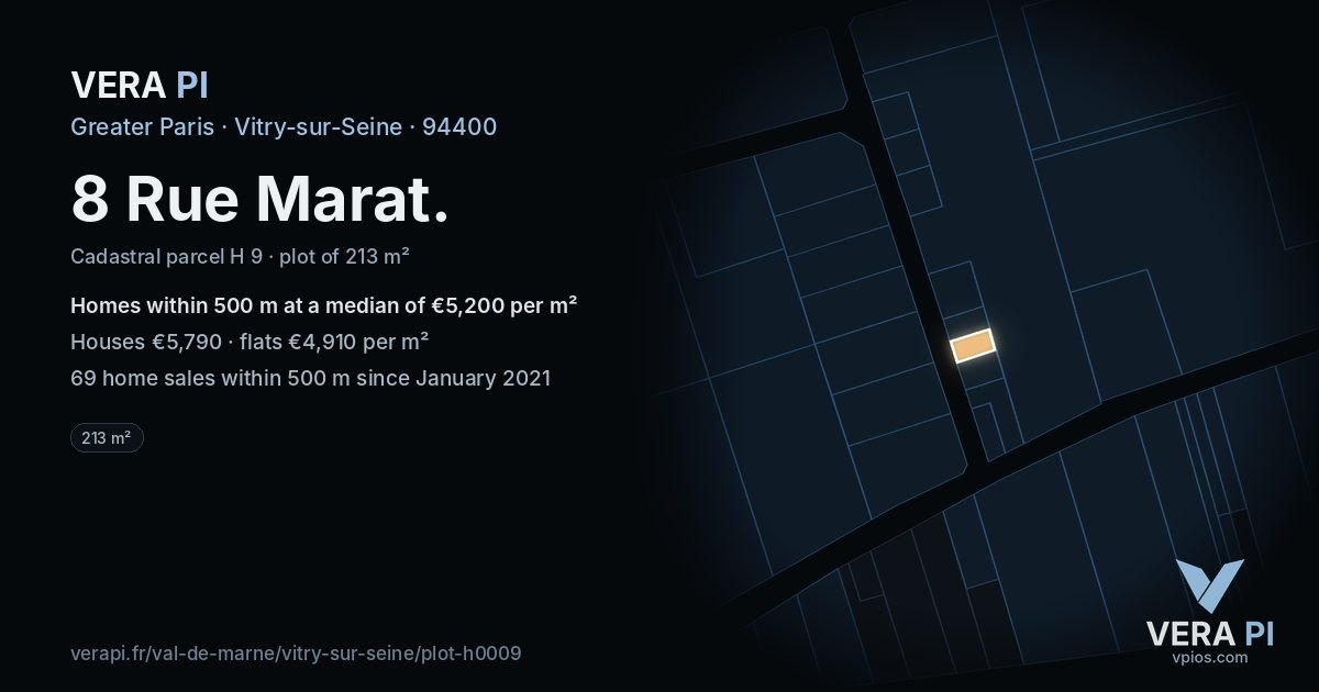 8 Rue Marat, Vitry-sur-Seine at night – the plot lit, the parcels around coloured by the prices near them
