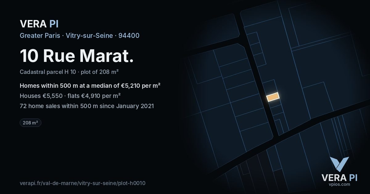 10 Rue Marat, Vitry-sur-Seine at night – the plot lit, the parcels around coloured by the prices near them