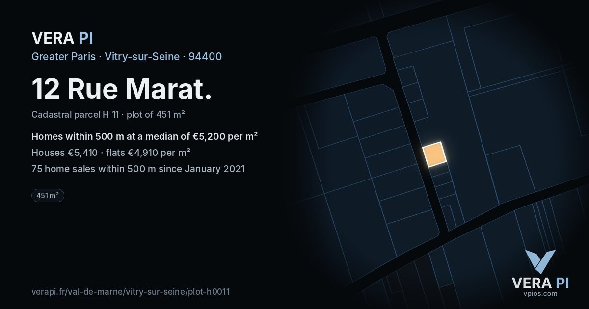 12 Rue Marat, Vitry-sur-Seine at night – the plot lit, the parcels around coloured by the prices near them
