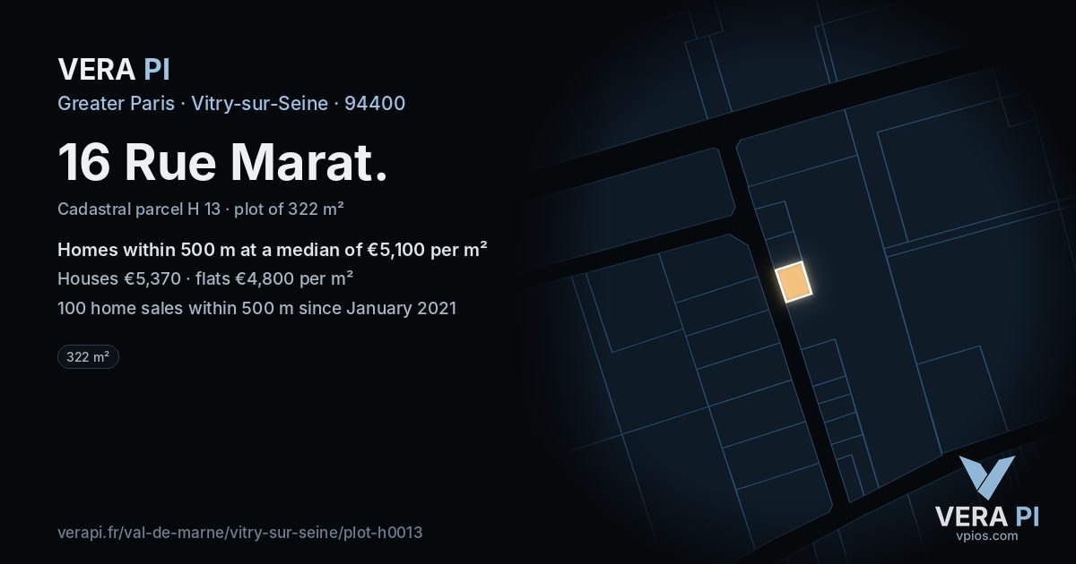 16 Rue Marat, Vitry-sur-Seine at night – the plot lit, the parcels around coloured by the prices near them