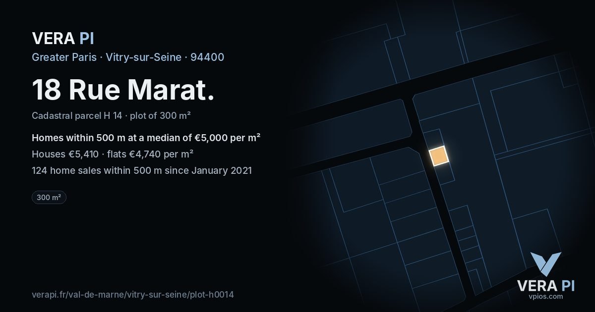 18 Rue Marat, Vitry-sur-Seine at night – the plot lit, the parcels around coloured by the prices near them