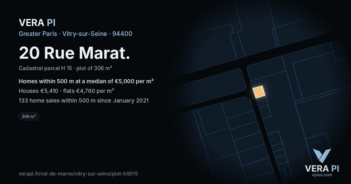 20 Rue Marat, Vitry-sur-Seine at night – the plot lit, the parcels around coloured by the prices near them