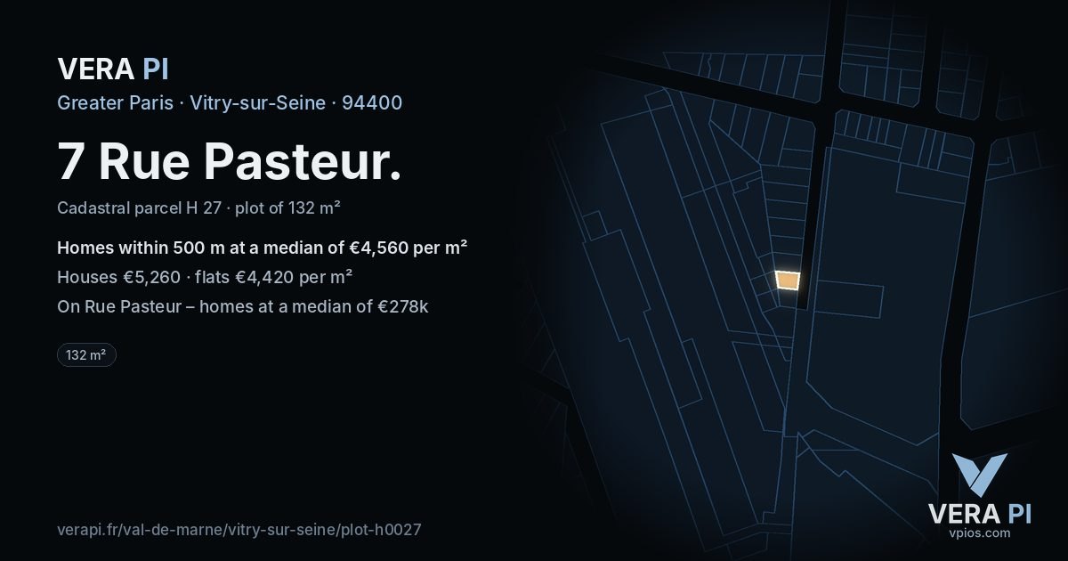 7 Rue Pasteur, Vitry-sur-Seine at night – the plot lit, the parcels around coloured by the prices near them
