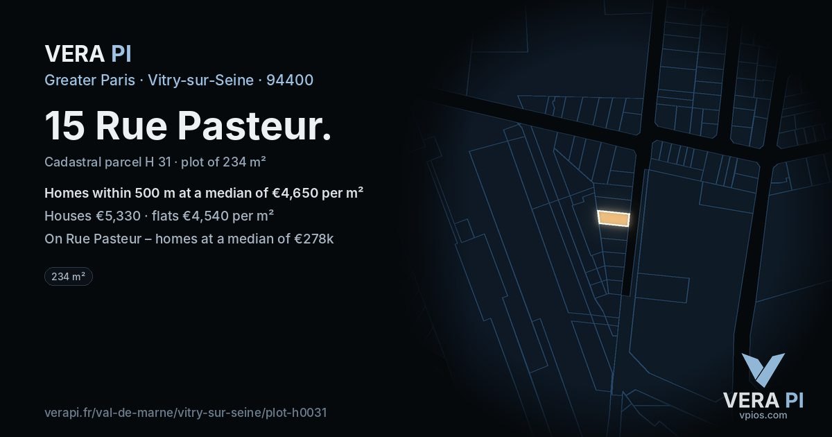 15 Rue Pasteur, Vitry-sur-Seine at night – the plot lit, the parcels around coloured by the prices near them