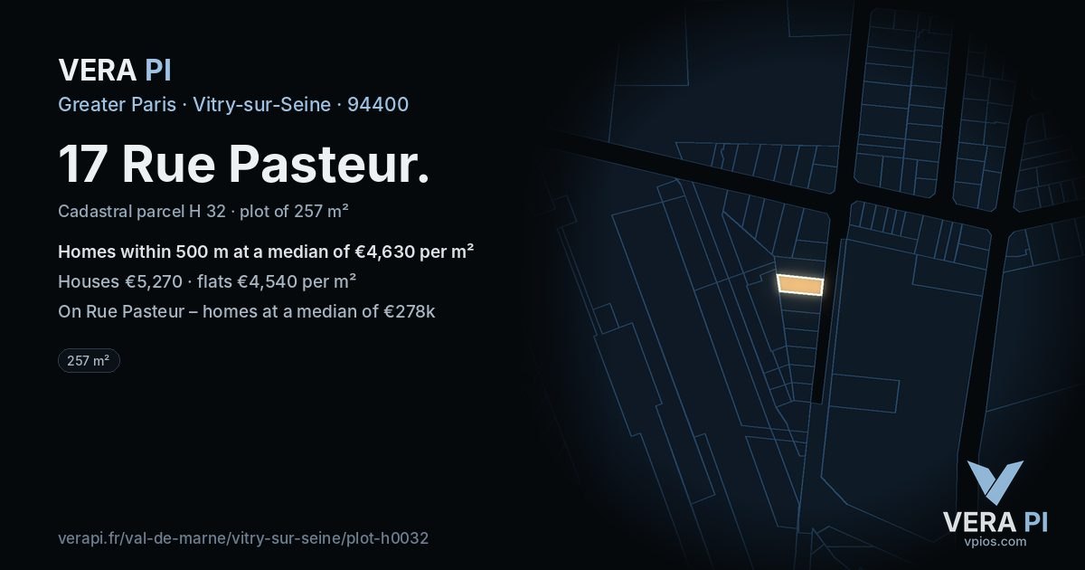 17 Rue Pasteur, Vitry-sur-Seine at night – the plot lit, the parcels around coloured by the prices near them