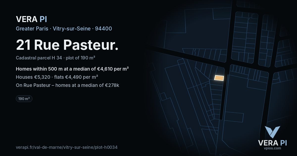21 Rue Pasteur, Vitry-sur-Seine at night – the plot lit, the parcels around coloured by the prices near them