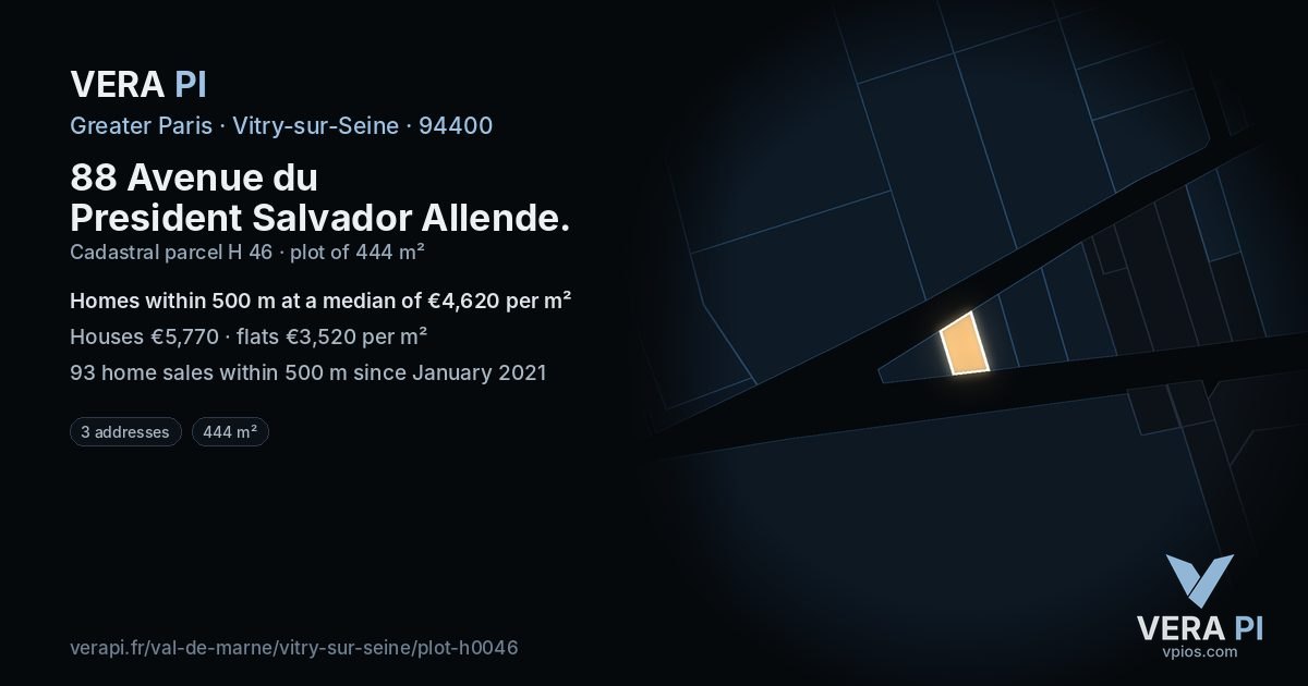 88 Avenue du President Salvador Allende, Vitry-sur-Seine at night – the plot lit, the parcels around coloured by the prices near them