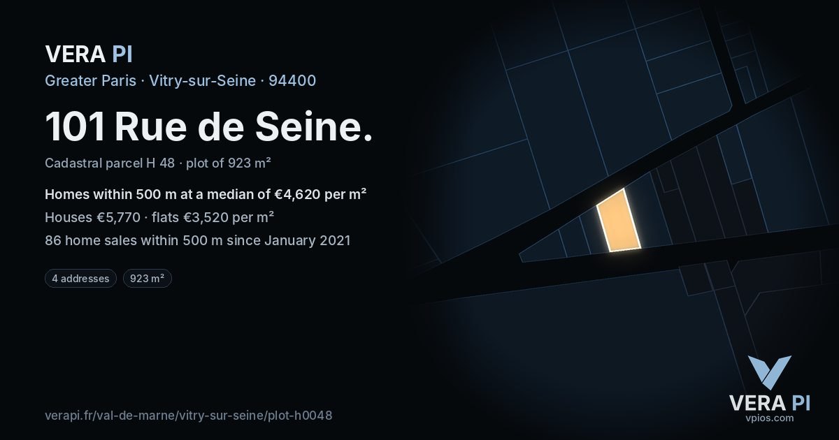 101 Rue de Seine, Vitry-sur-Seine at night – the plot lit, the parcels around coloured by the prices near them