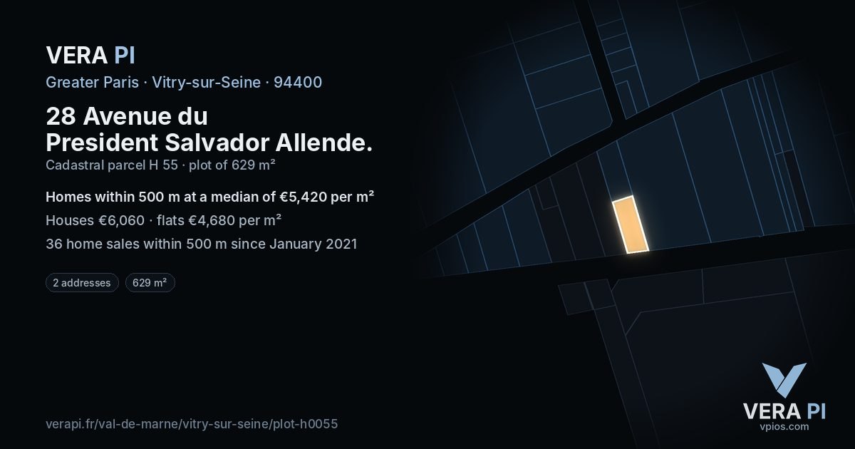 28 Avenue du President Salvador Allende, Vitry-sur-Seine at night – the plot lit, the parcels around coloured by the prices near them