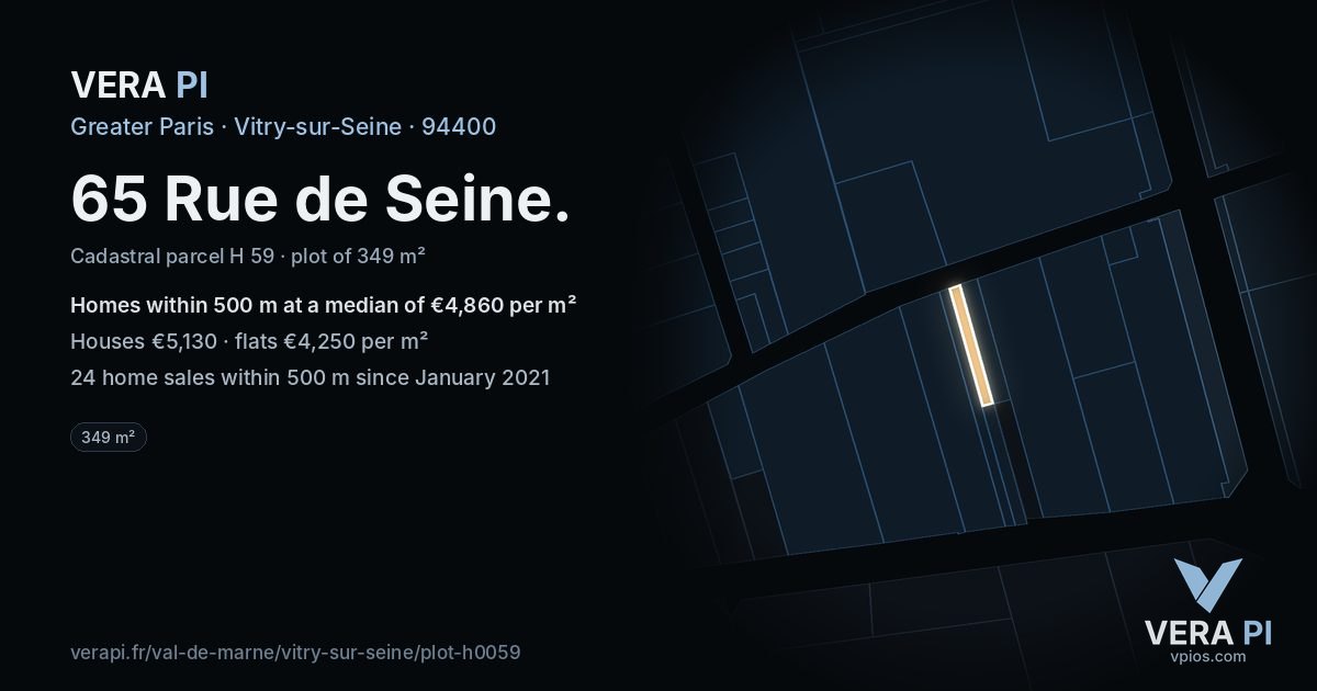 65 Rue de Seine, Vitry-sur-Seine at night – the plot lit, the parcels around coloured by the prices near them